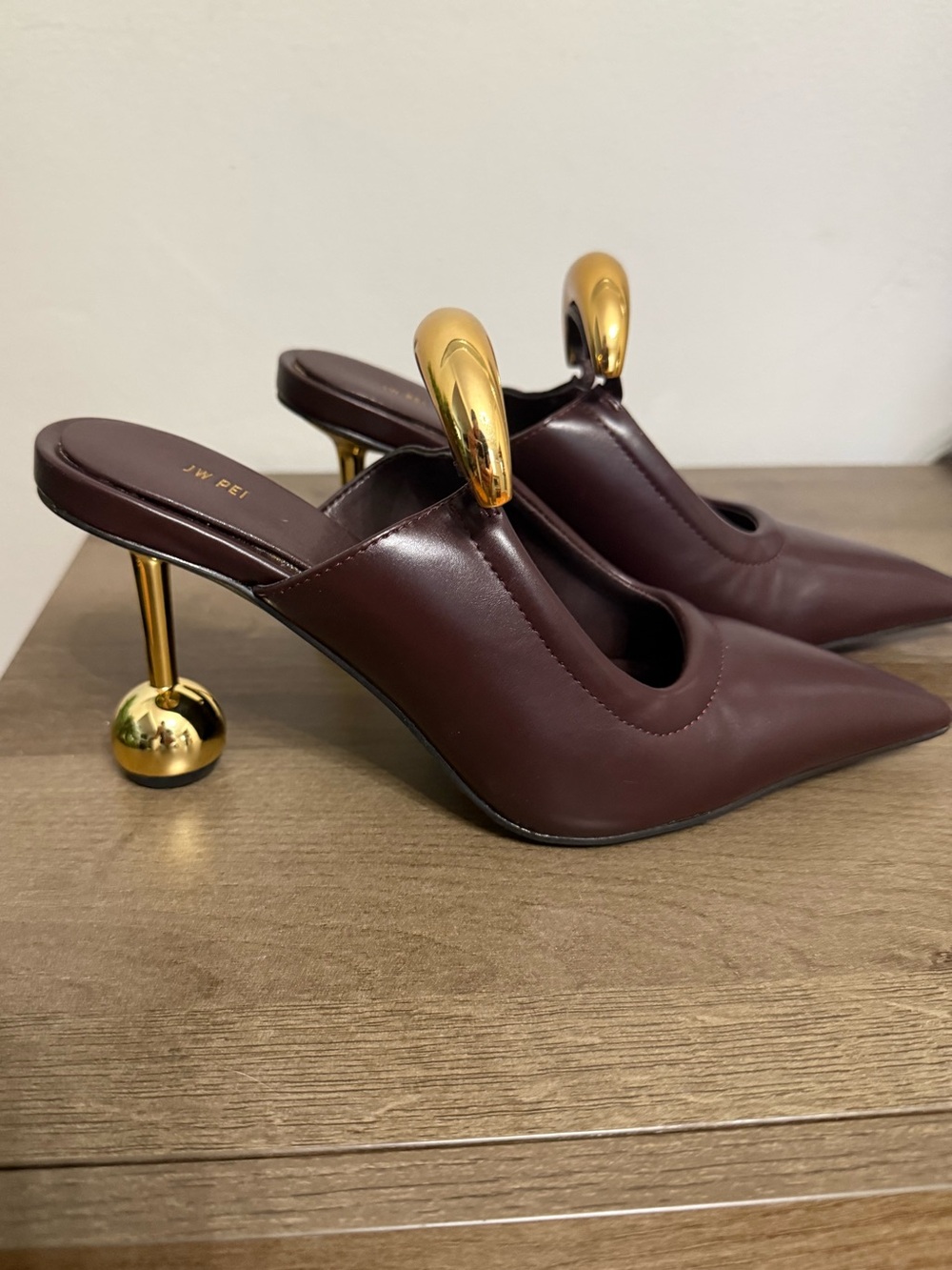 JW PEI Burgundy Pointed Mule with Gold Sculptural Heel
